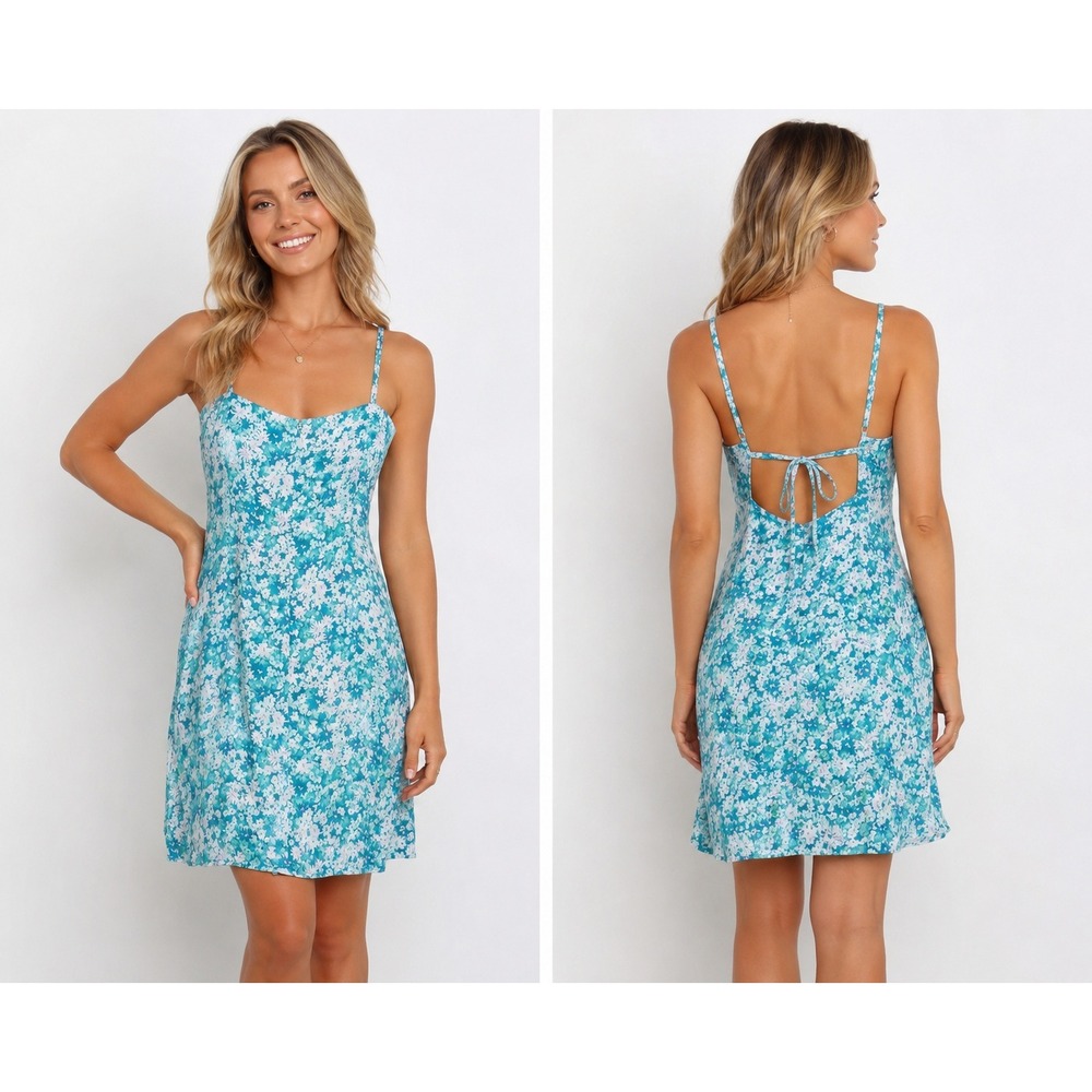 Sky to Moon Blue Green Floral Mini Dress Open Stomach Tie Back Med